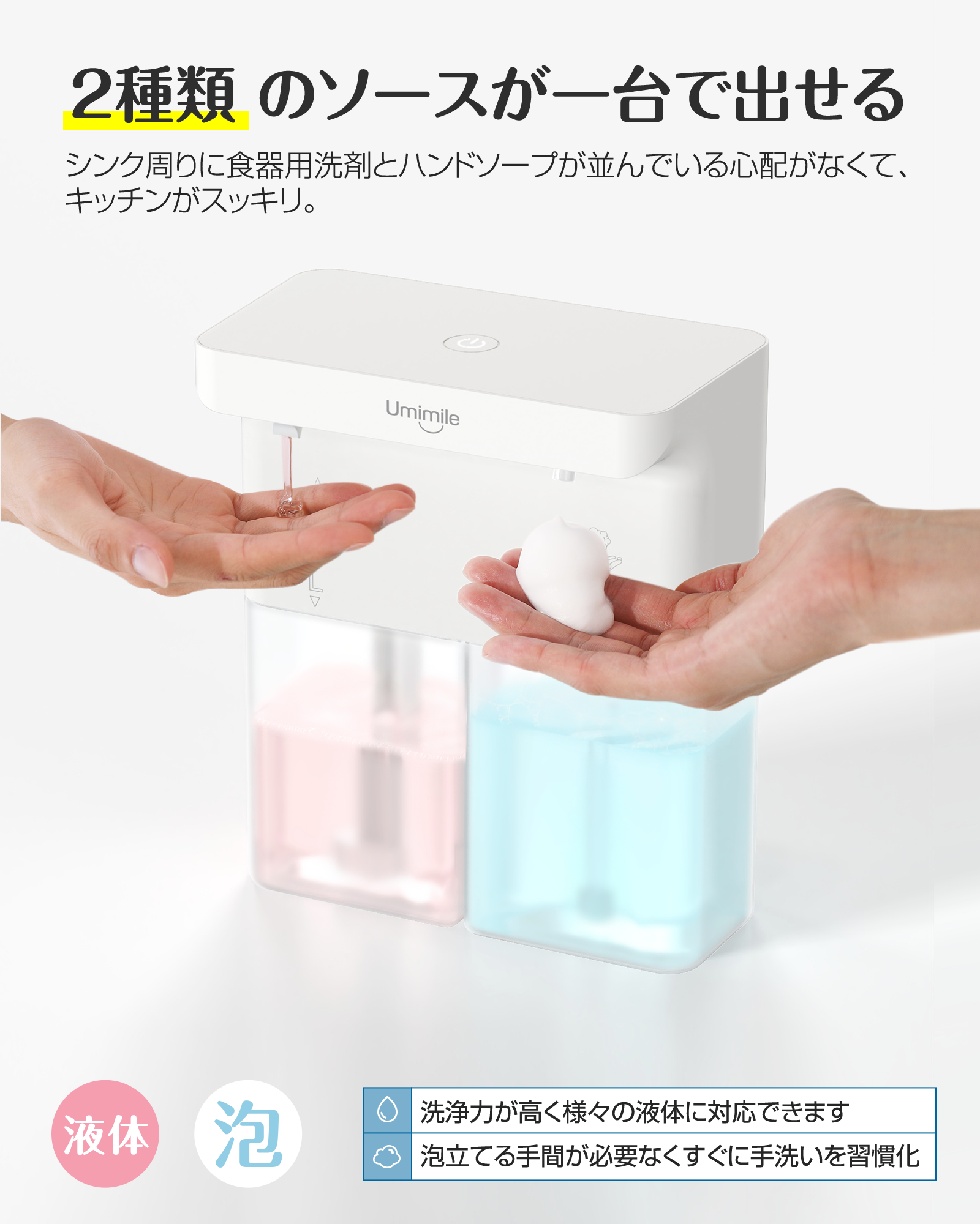 Umimile ソープディスペンサー 泡 液体 自動 ダブルヘッド 600ml Umimile ソープディスペンサー 泡 液体 自動 ダブルヘッド 600ml